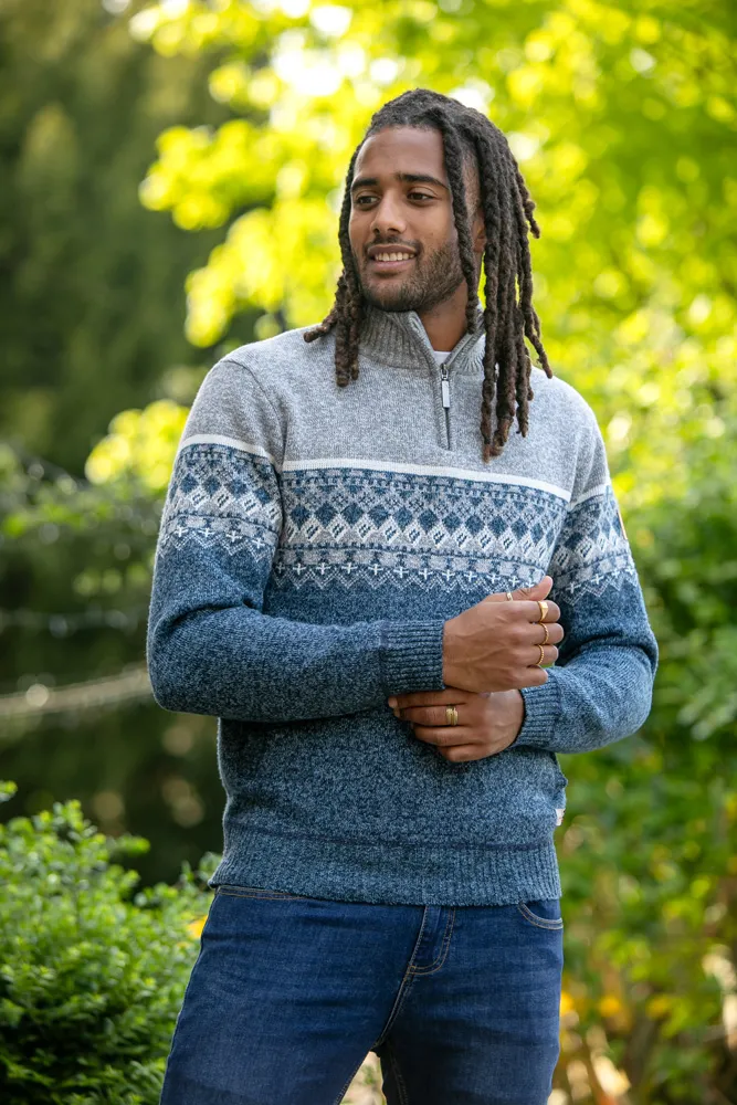 D555 Mens Fairisle Knitted Jumper With 1/4 Zip and Lining (RUDDINGTON)