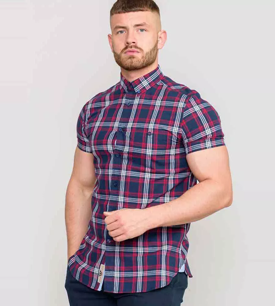 D555 Tall Mens Navy/Red Check Shirt With Short Sleeves (RIPLEY)