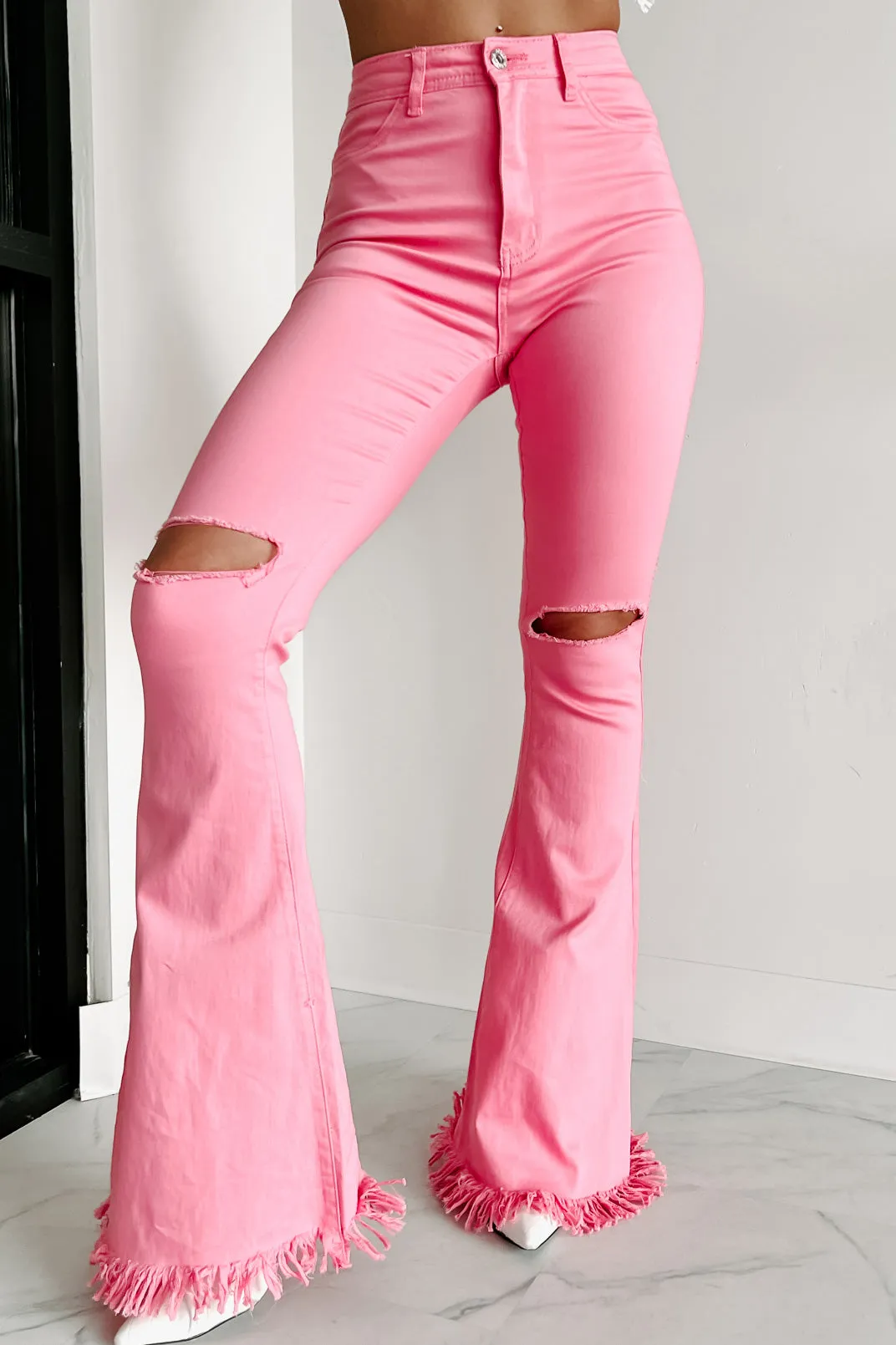 Doorbuster Bold Moves High Rise Distressed Flare Jeans (Pink)