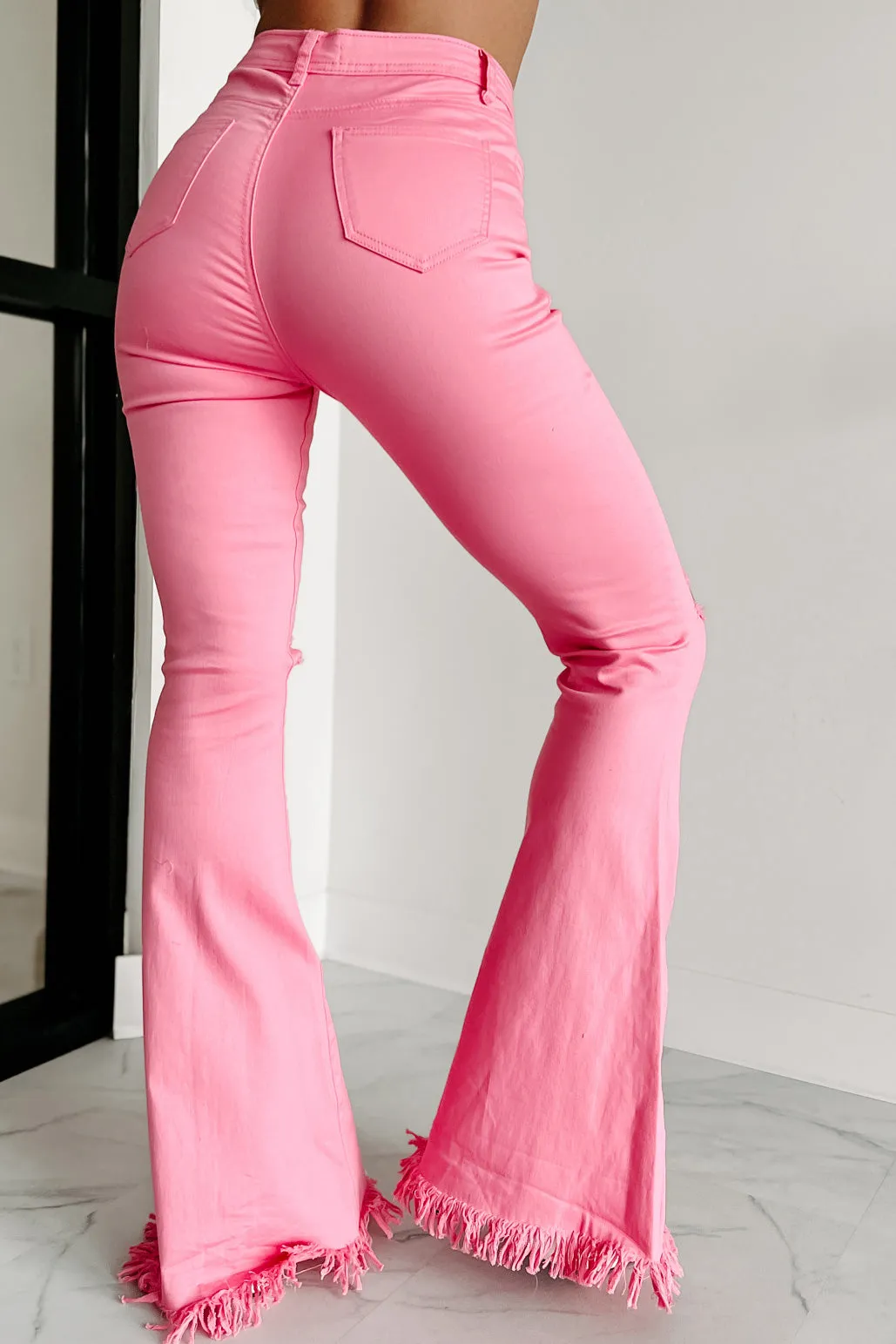 Doorbuster Bold Moves High Rise Distressed Flare Jeans (Pink)