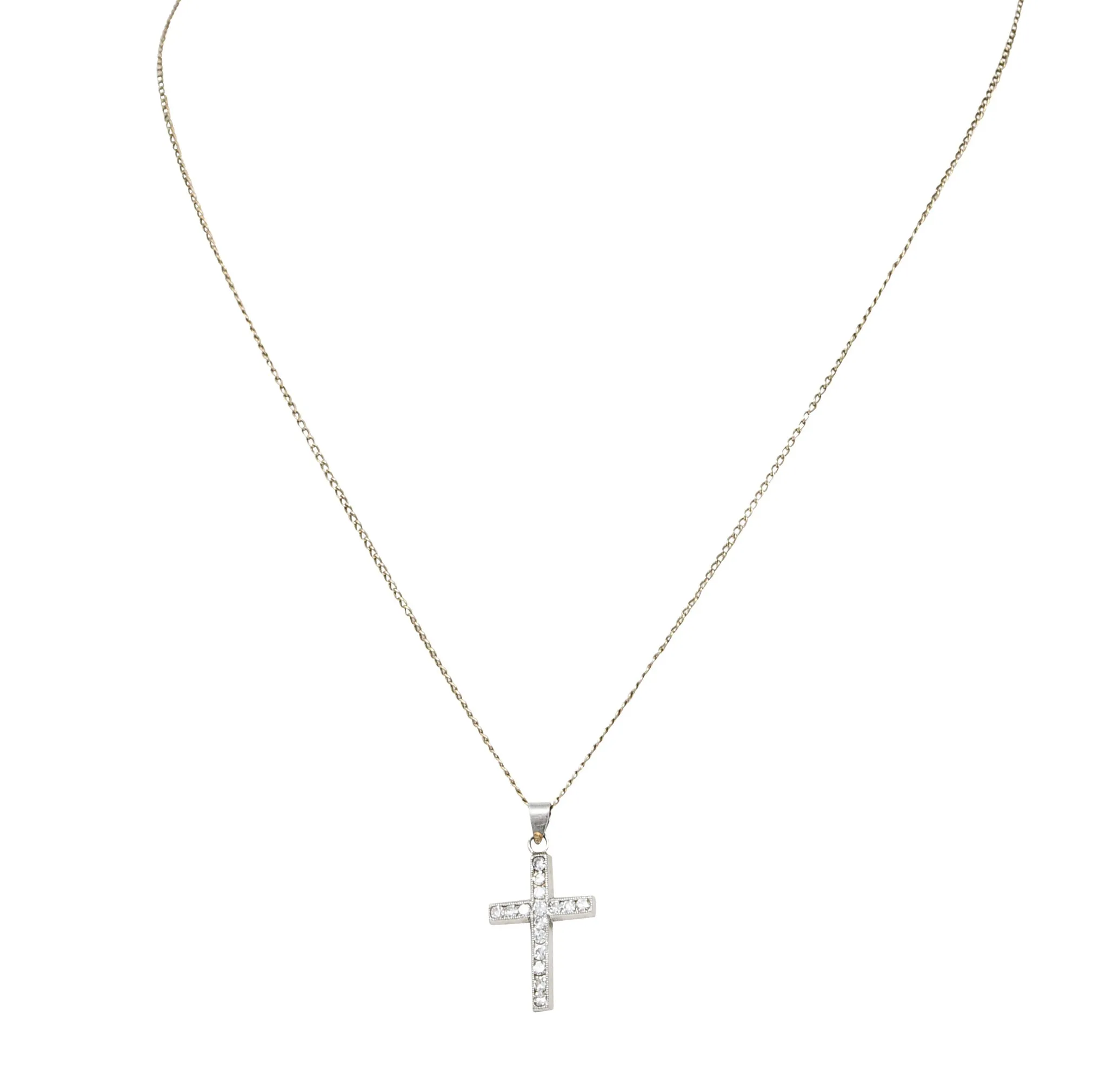 Edwardian Diamond Platinum Cross Pendant 14 Karat White Gold Necklace