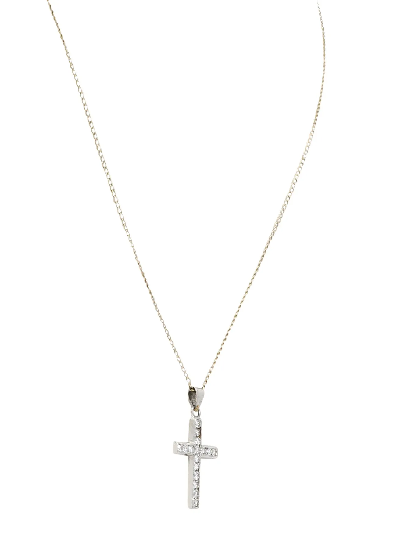 Edwardian Diamond Platinum Cross Pendant 14 Karat White Gold Necklace