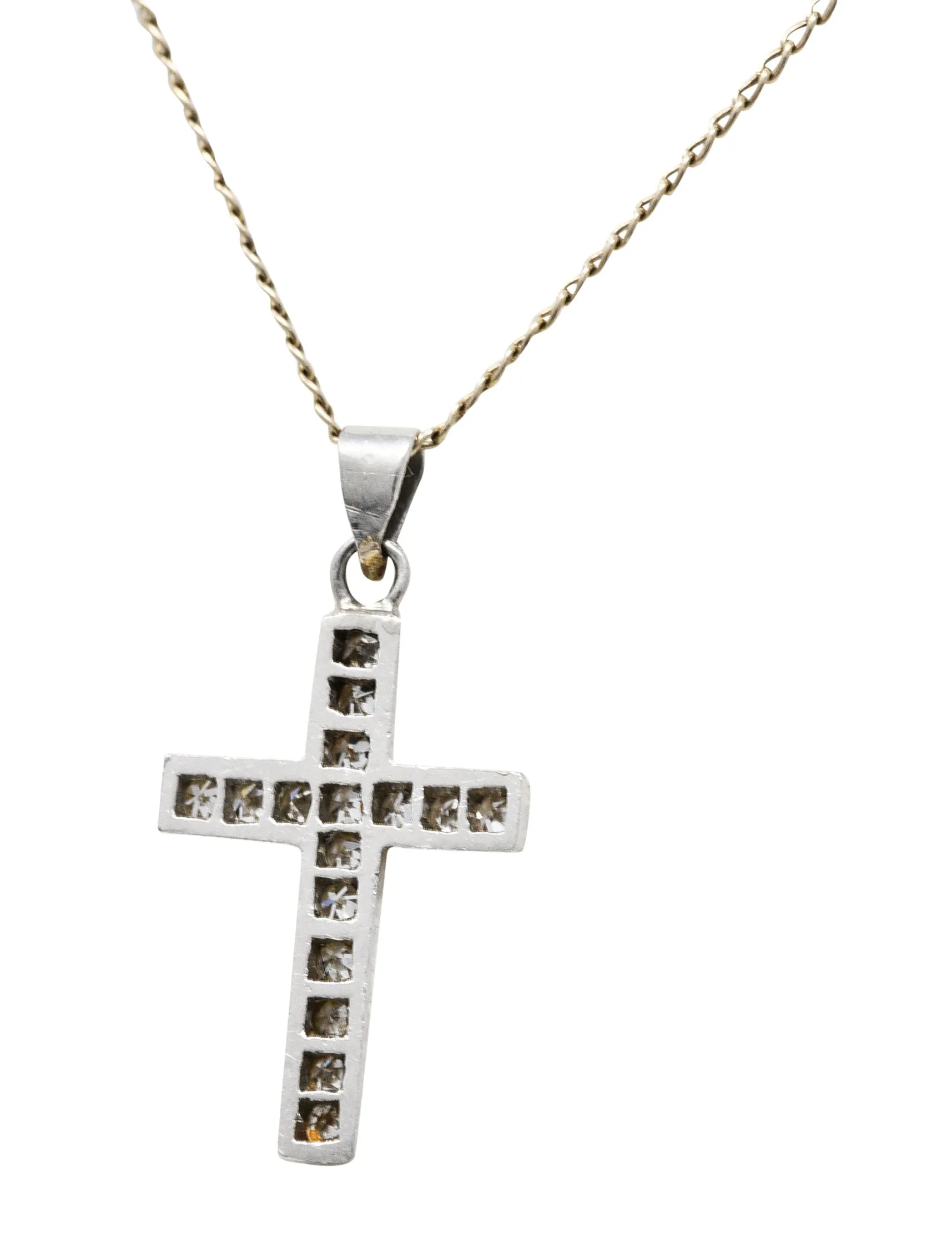 Edwardian Diamond Platinum Cross Pendant 14 Karat White Gold Necklace