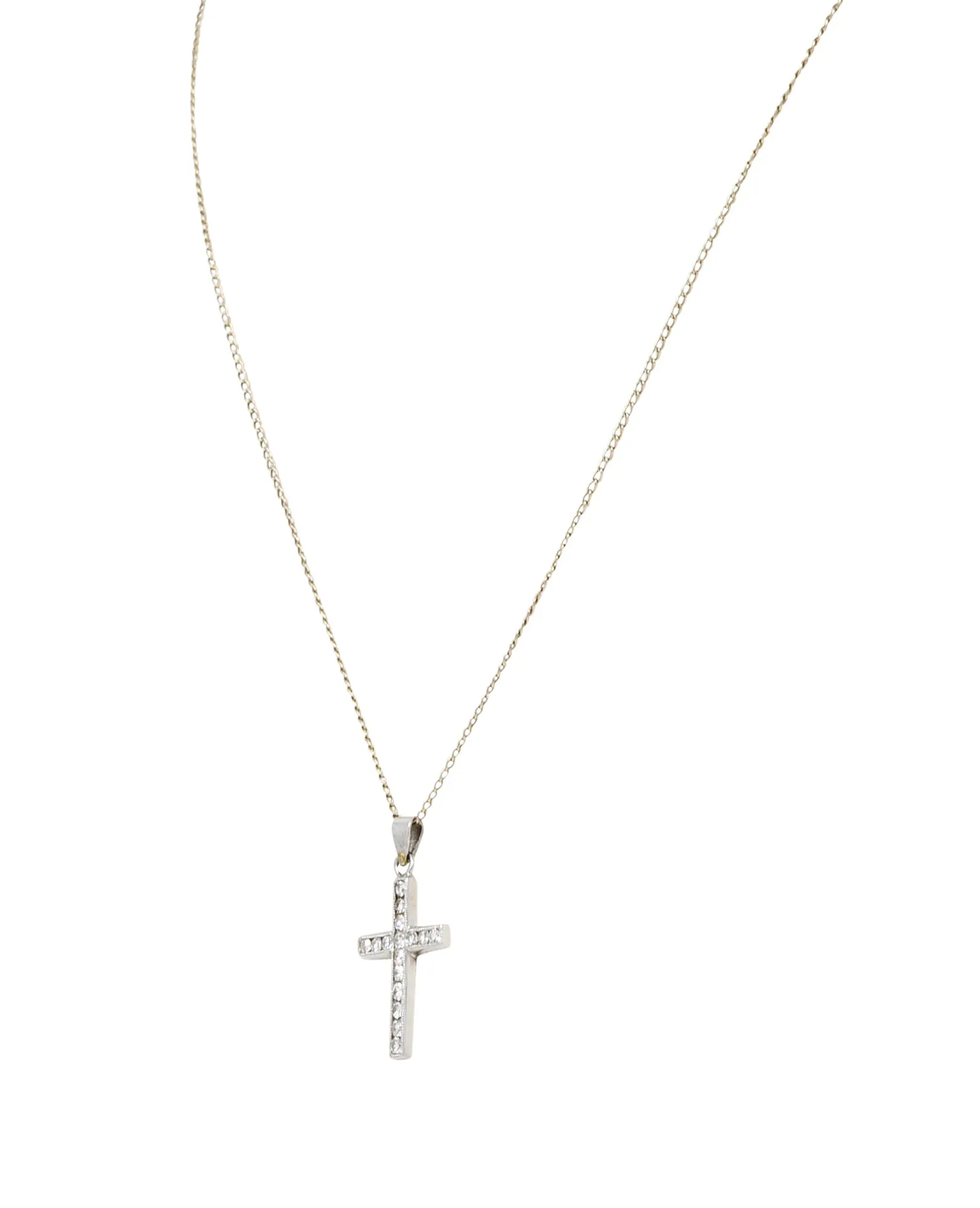 Edwardian Diamond Platinum Cross Pendant 14 Karat White Gold Necklace