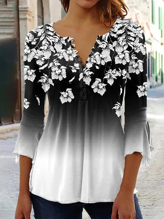 Floral Gradient Women's Button-Up Blouse with Neon Round Neck