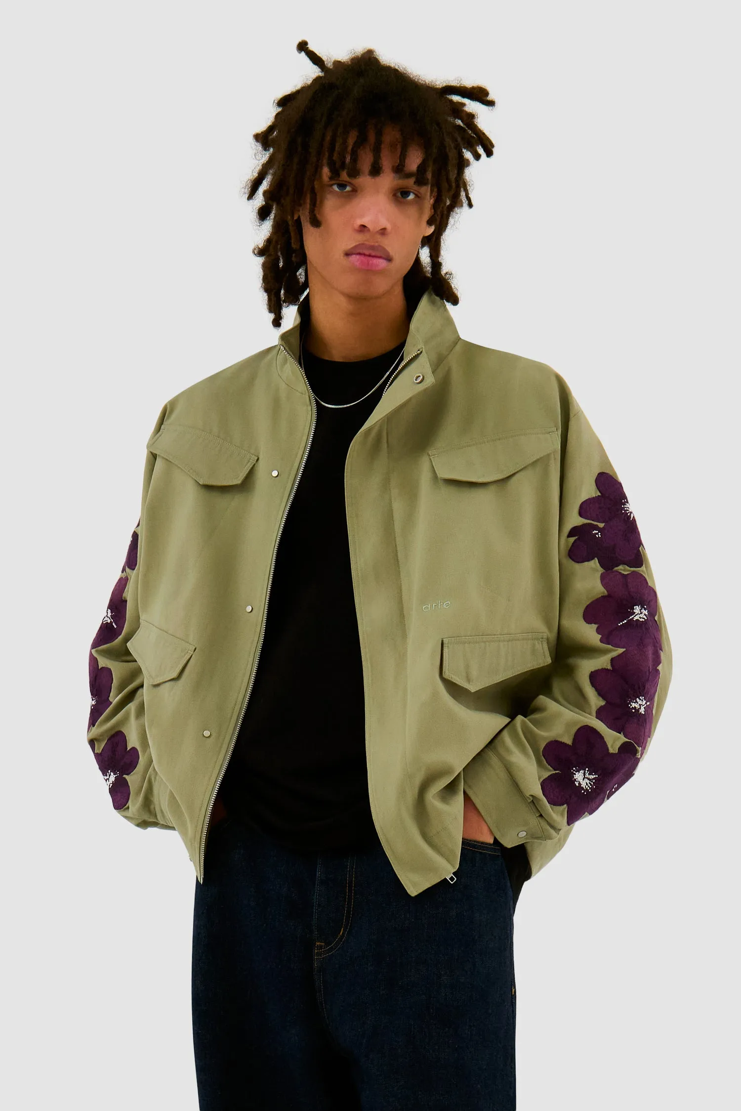 Flower Embroidery Jacket - Olive Green