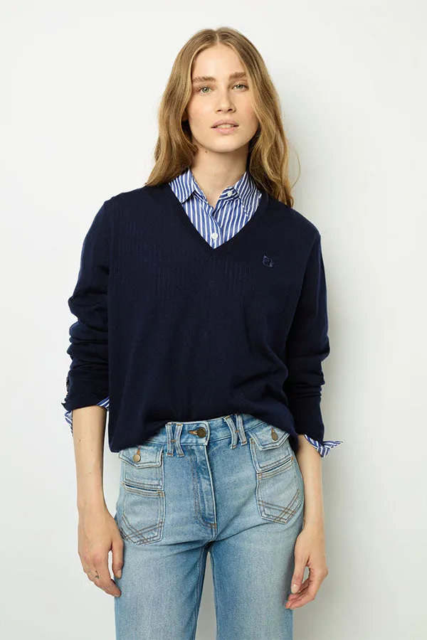 Gerard Darel JULIETTE BLUE FINE WOOL VNECK SWEATER