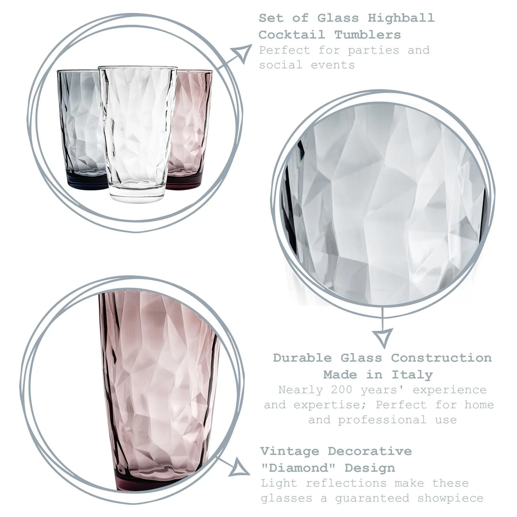 Glassware | Diamond Highball Glasses - 470ml - 3 Colours - Pack of 6 | Bormioli Rocco