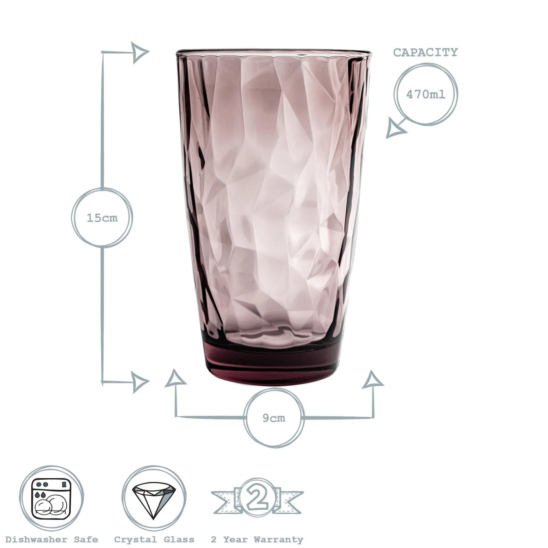 Glassware | Diamond Highball Glasses - 470ml - 3 Colours - Pack of 6 | Bormioli Rocco