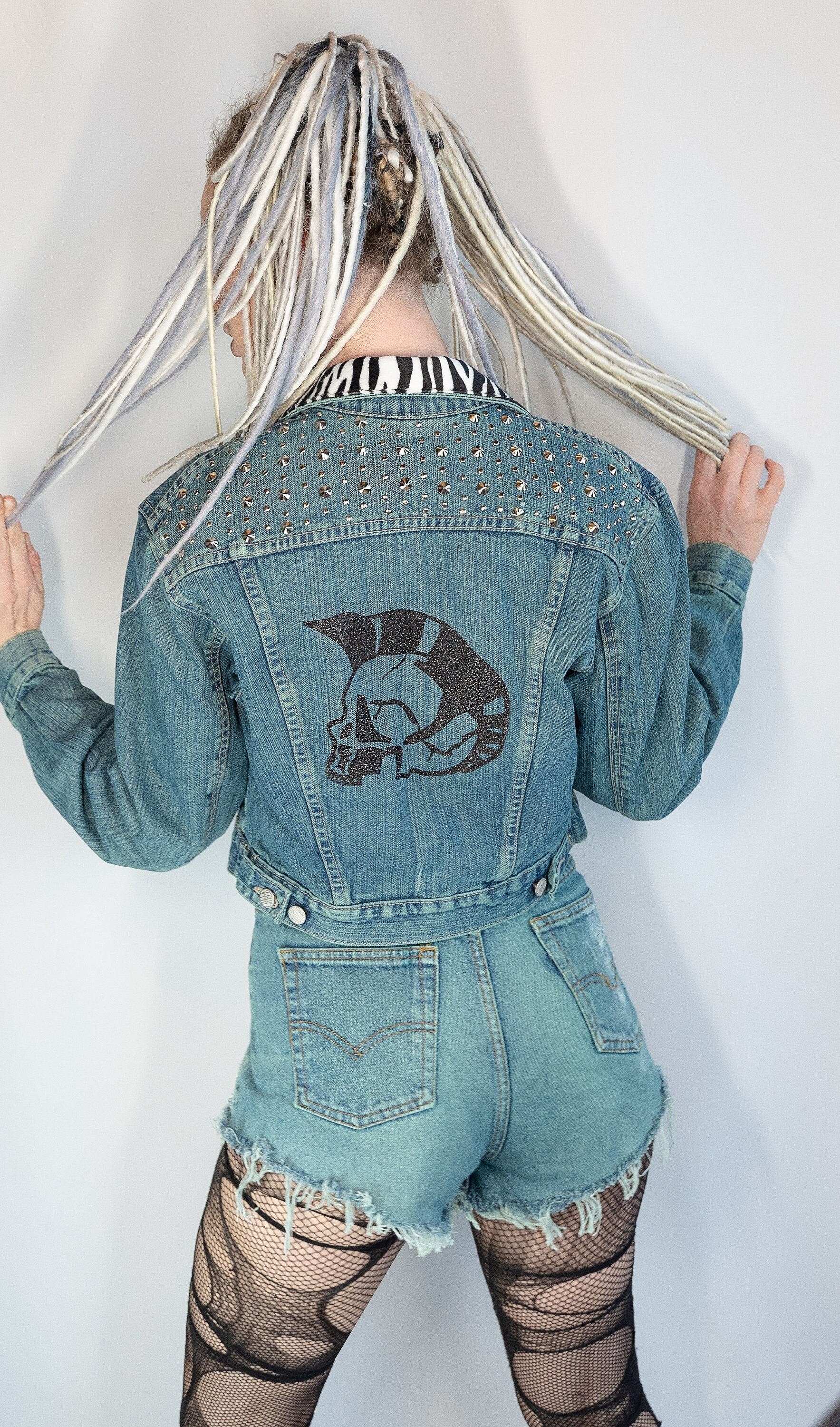 Glitter skull studded green denim jacket | size S