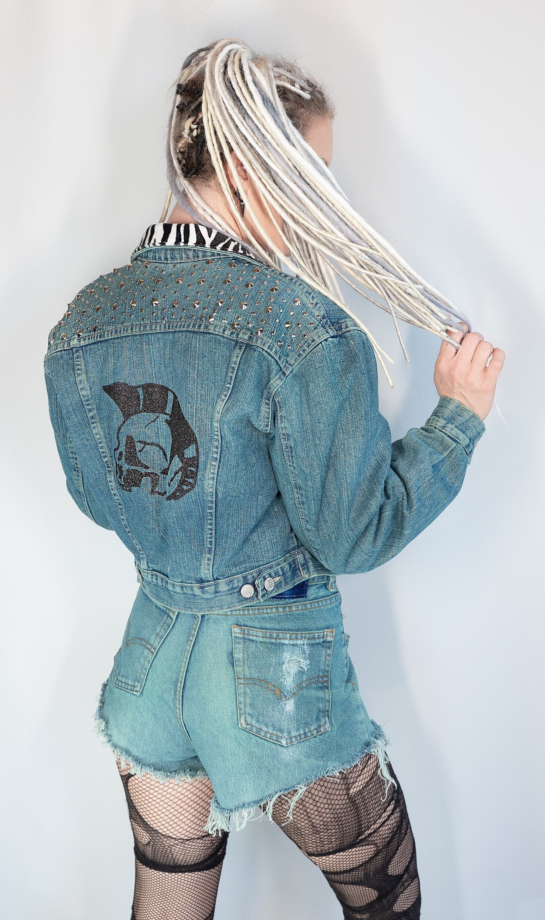 Glitter skull studded green denim jacket | size S