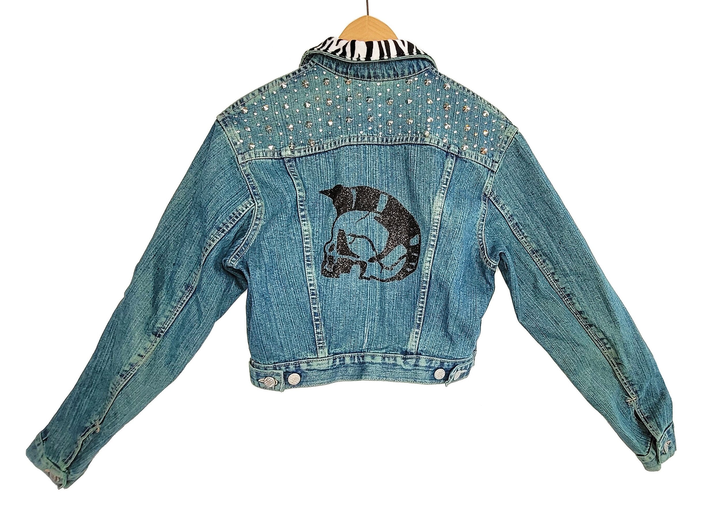 Glitter skull studded green denim jacket | size S