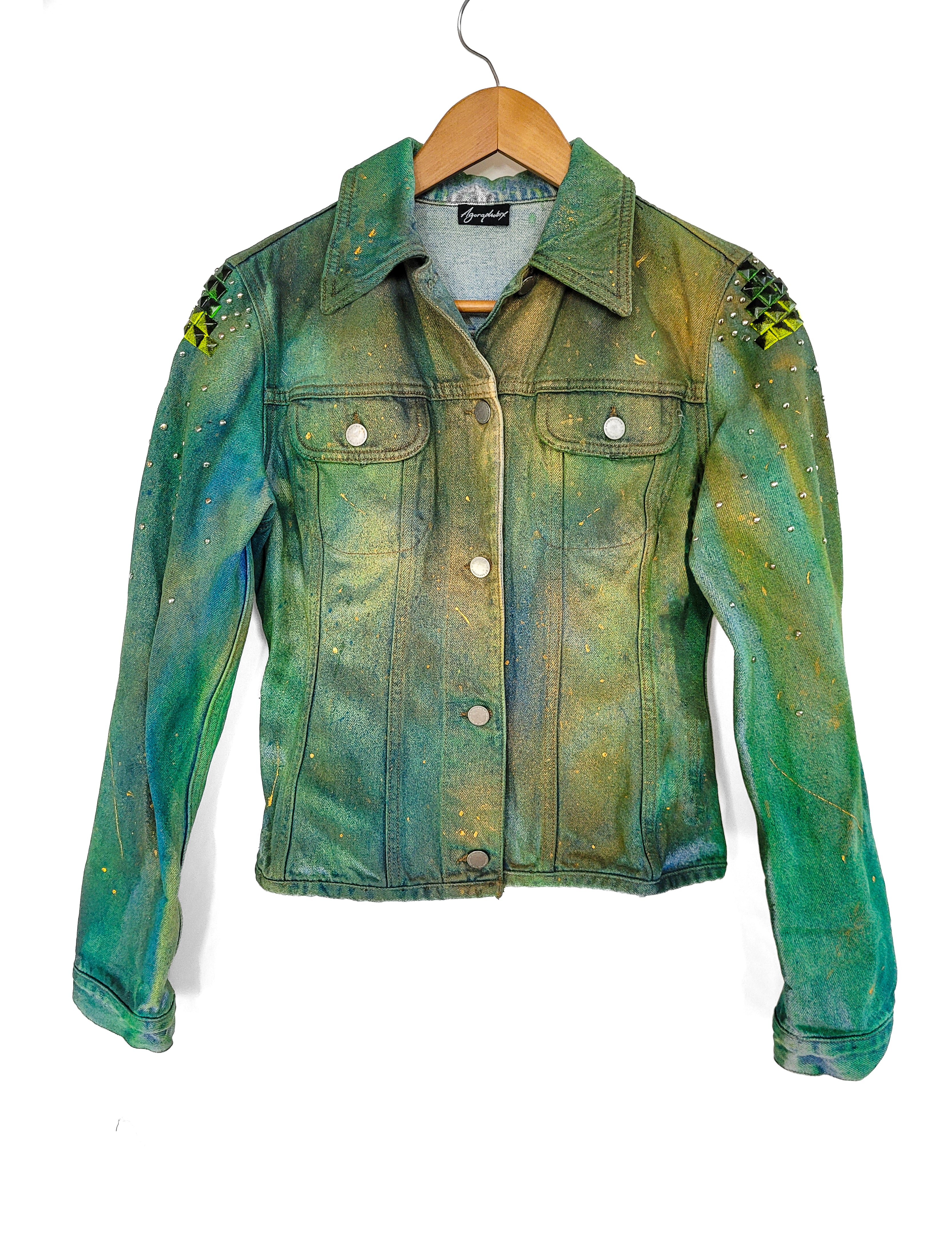 green nebula studded hand painted galaxy denim jacket |  Size S