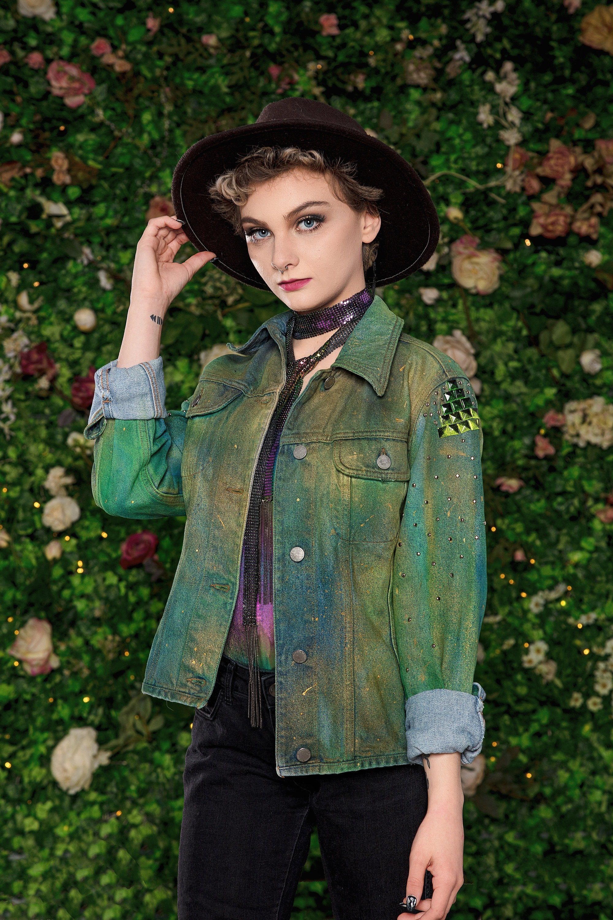 green nebula studded hand painted galaxy denim jacket |  Size S