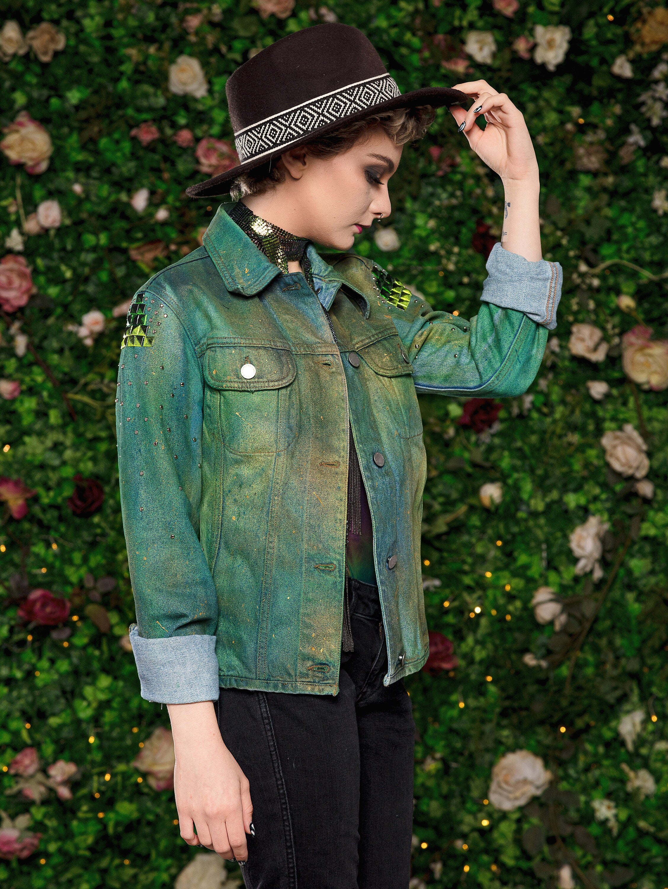 green nebula studded hand painted galaxy denim jacket |  Size S