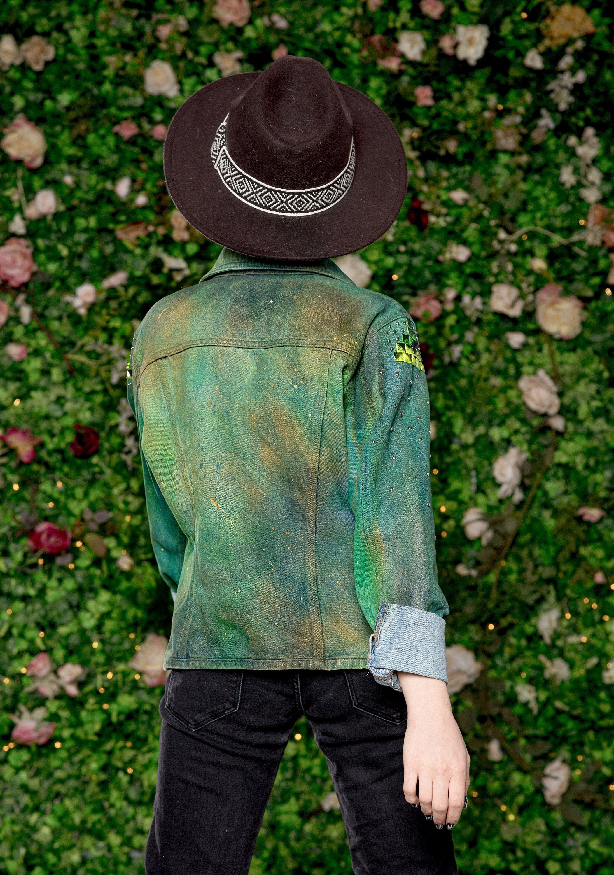 green nebula studded hand painted galaxy denim jacket |  Size S