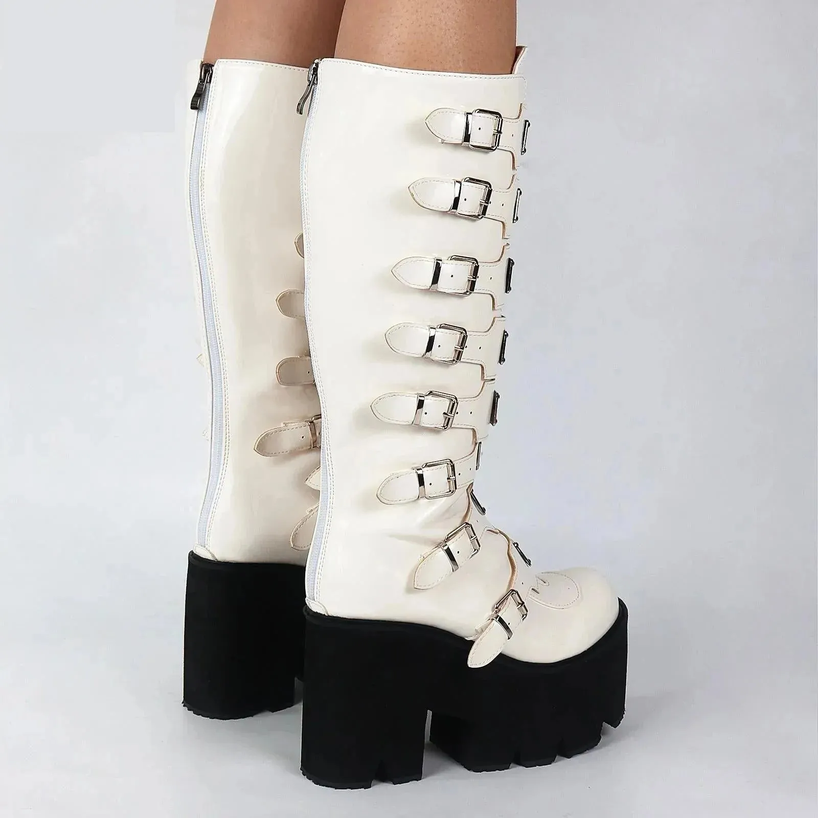 Handmade Autumn Fashion Women's Round Toe Buckle Zipper Mid Calf Boots