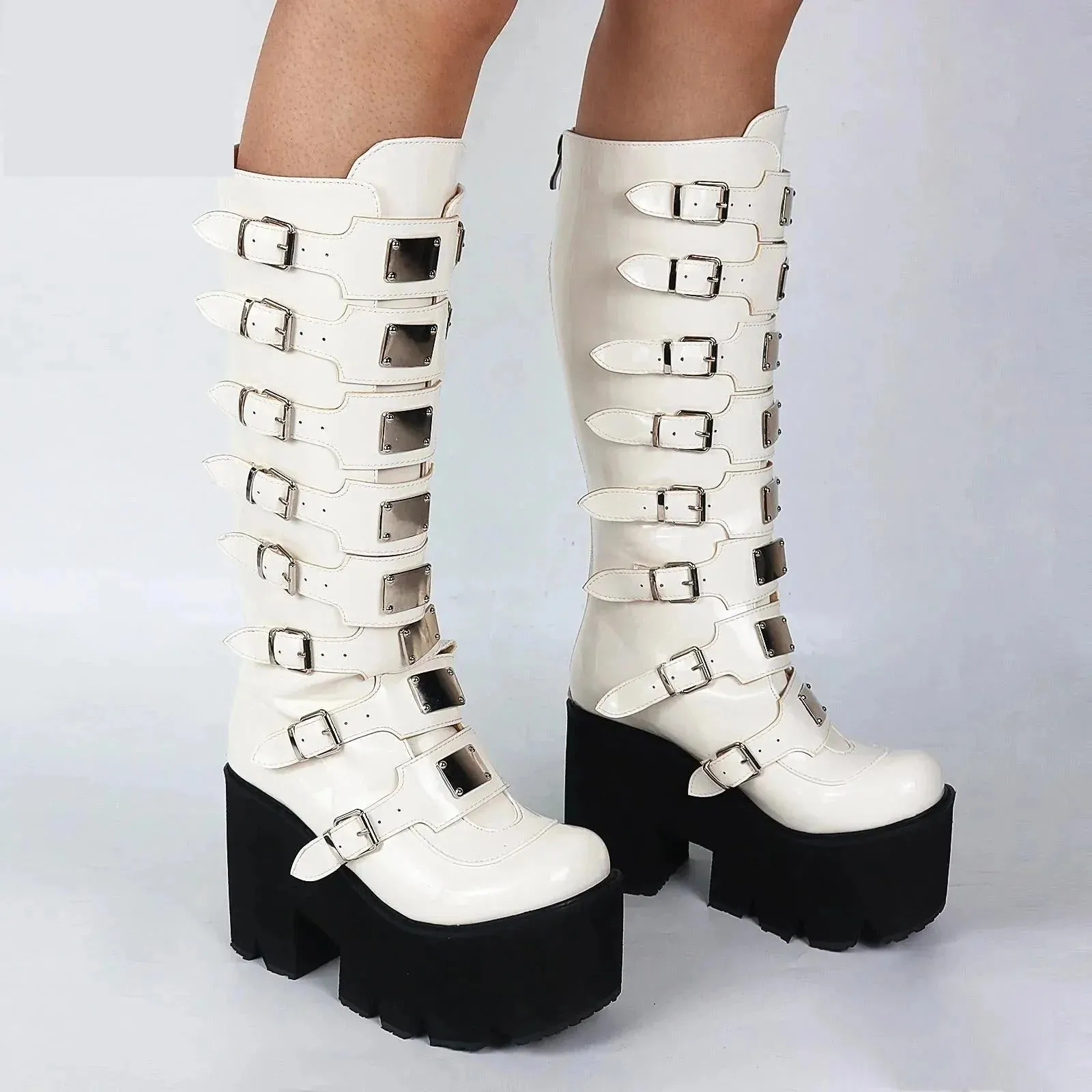 Handmade Autumn Fashion Women's Round Toe Buckle Zipper Mid Calf Boots