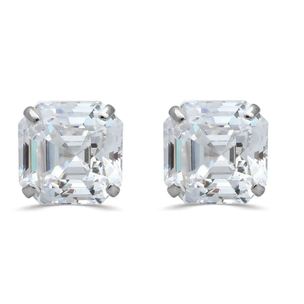 Jewelili 10K White Gold With Asscher Cut Cubic Zirconia Stud Earrings