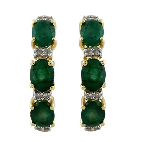 Jewelili 10K Yellow Gold with Emerald and White Diamonds Hoop Earrings