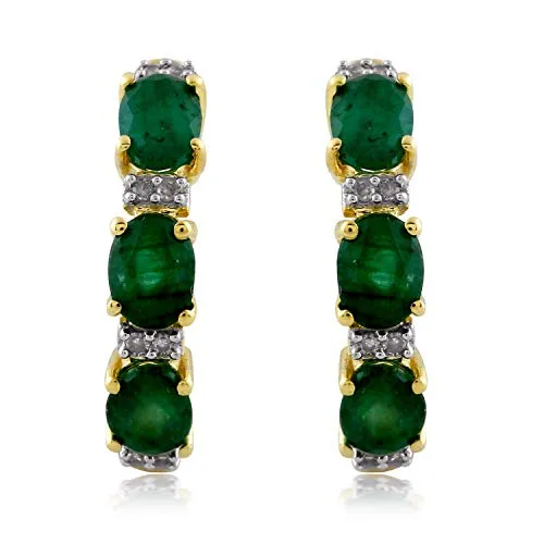 Jewelili 10K Yellow Gold with Emerald and White Diamonds Hoop Earrings