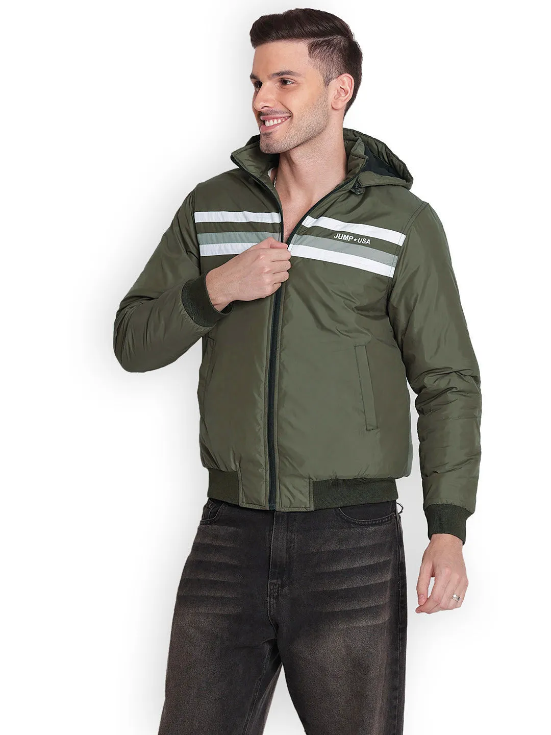 JUMP USA Men Olive Rapid-Dry Solid Sporty Jackets With Hood