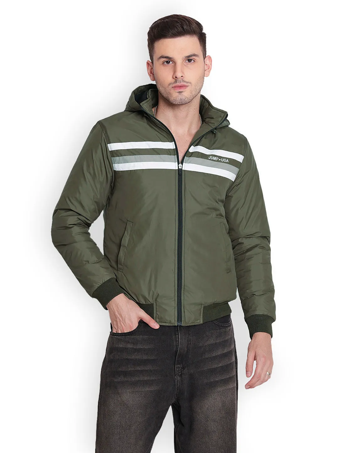 JUMP USA Men Olive Rapid-Dry Solid Sporty Jackets With Hood