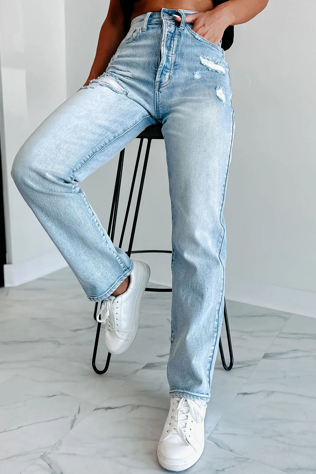 Kevin High Rise Cello Lightly Distressed Dad Jeans (Light Denim)