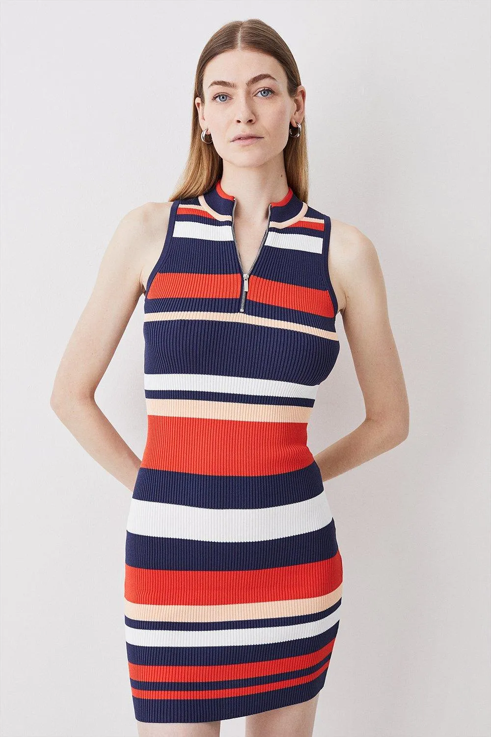 Knitted Rib Zip Up Stripe Mini Dress | Karen Millen