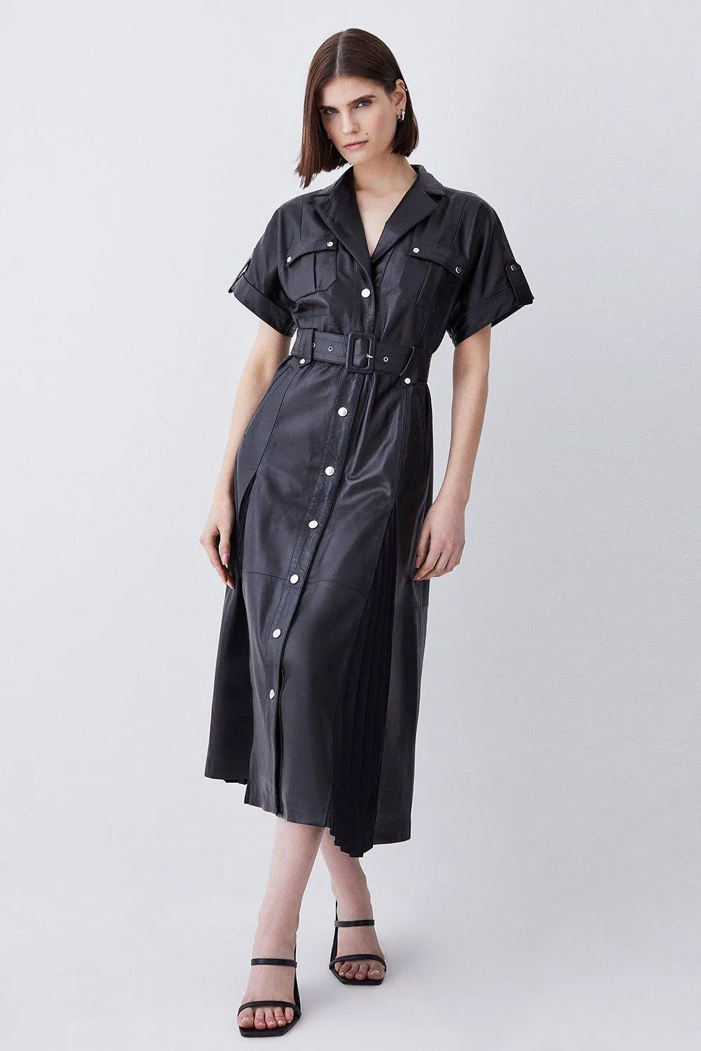 Leather Belted Button Detail Shirt Midi Dress | Karen Millen