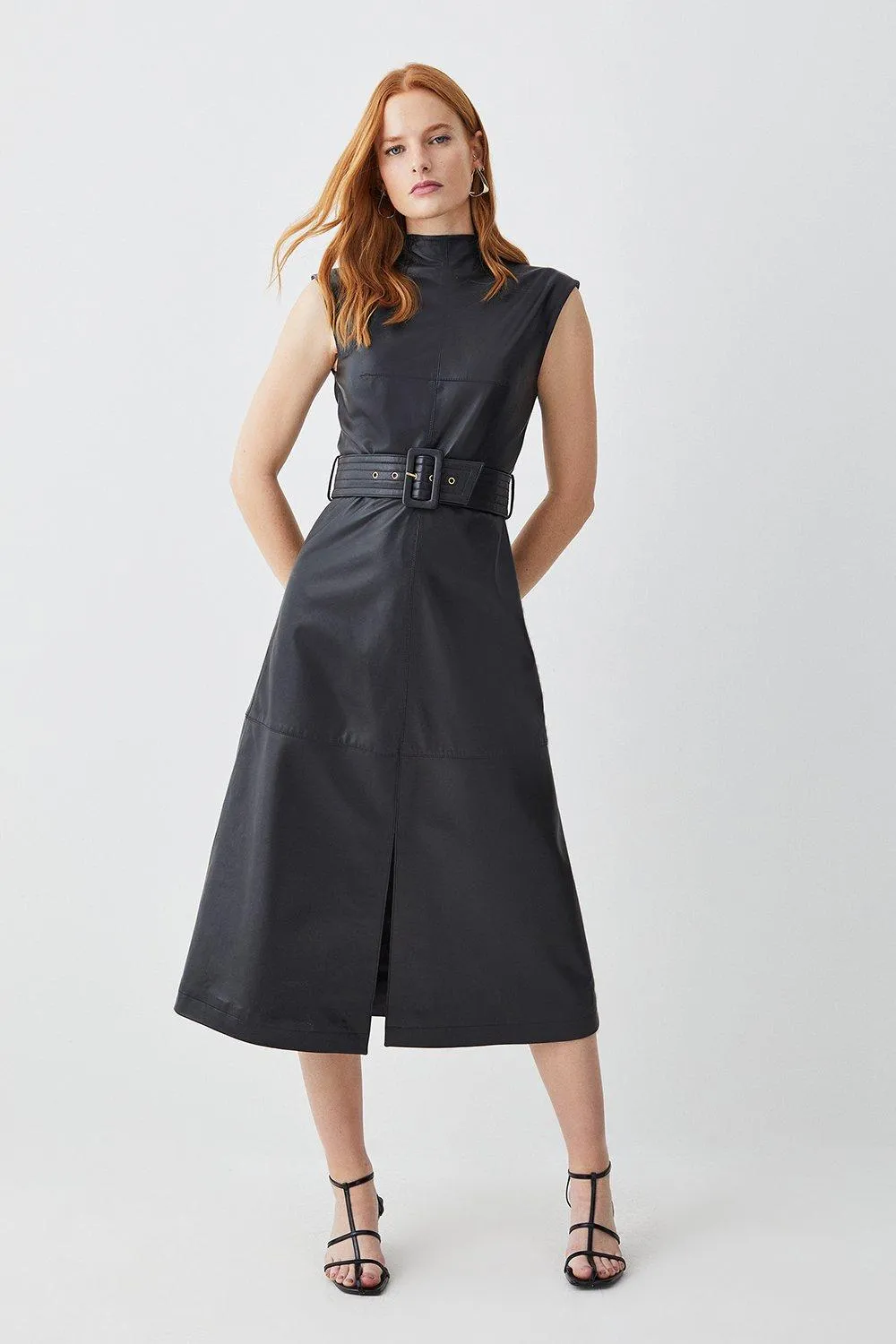 Leather Belted High Neck Midi Dress | Karen Millen