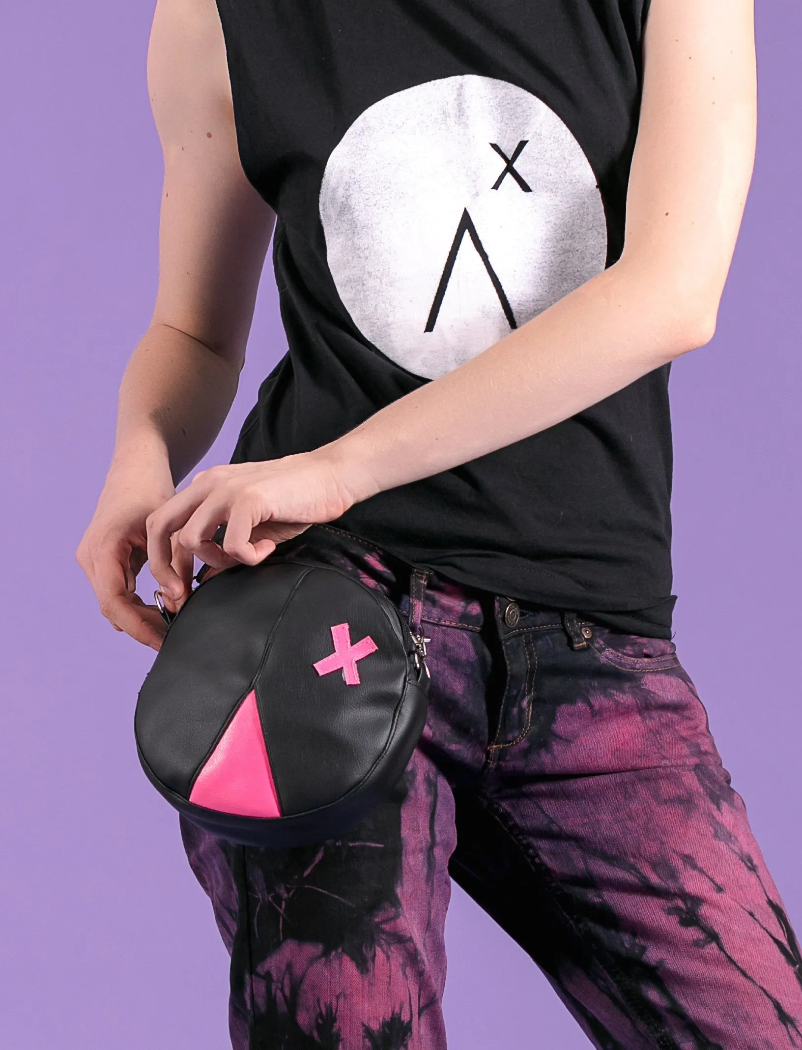 Logo smiley cross face vegan bag pink black clip on bum bag