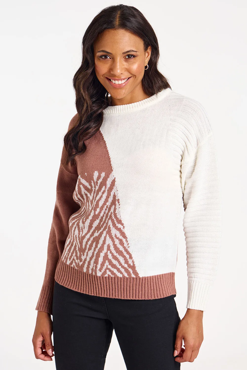 Long Sleeve Animal Colour Block Jumper