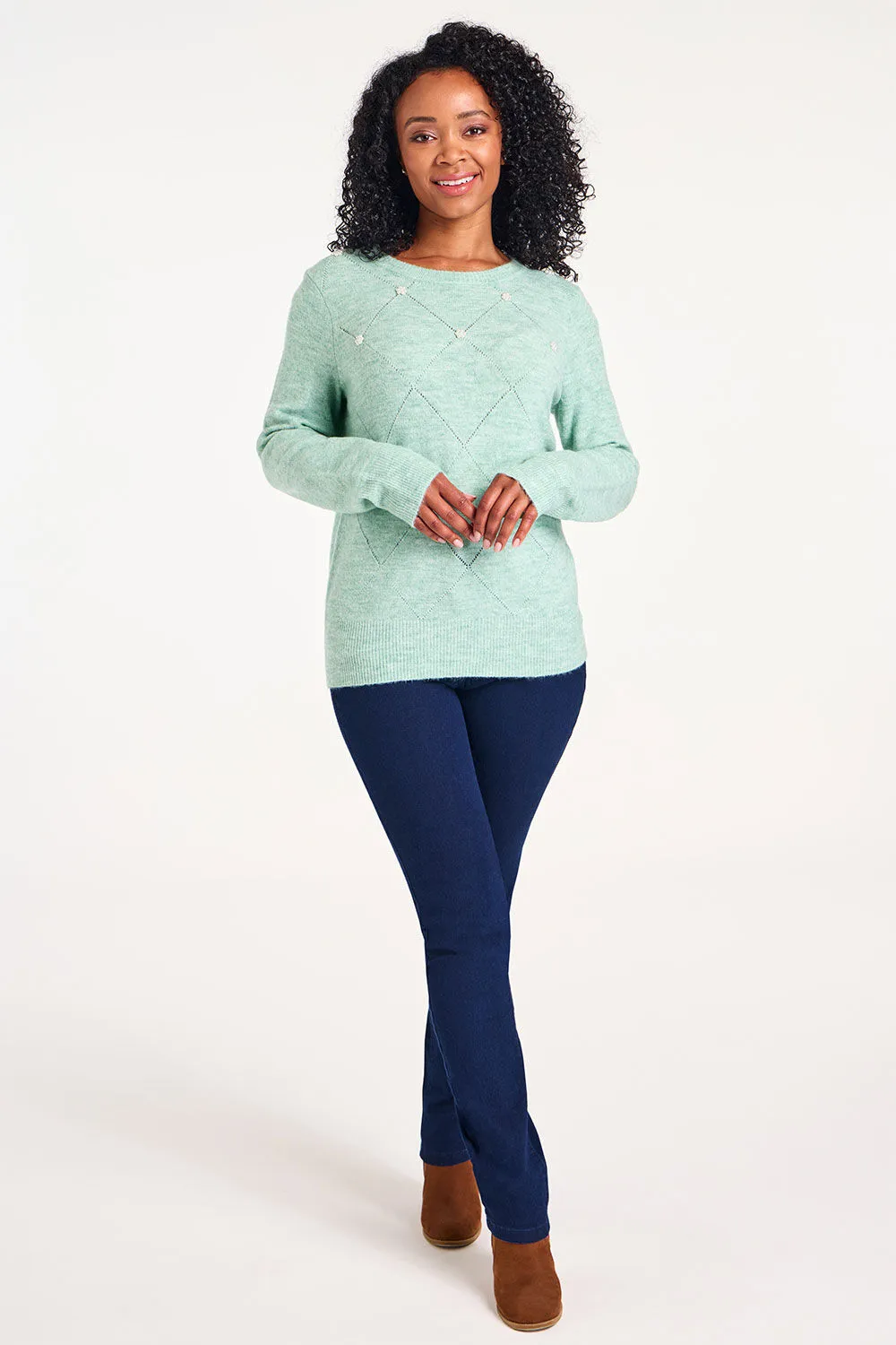 Long Sleeve Pointelle Jumper with Pearl Detail