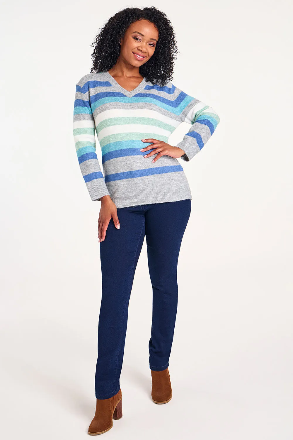 Long Sleeve V-Neck Striped Jumper