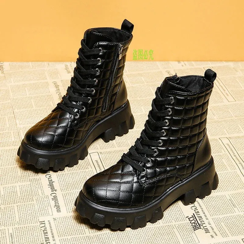 Luxury Design Women Cowhide Motorcycle Thick Mid-Calf Laces Boots Shoes