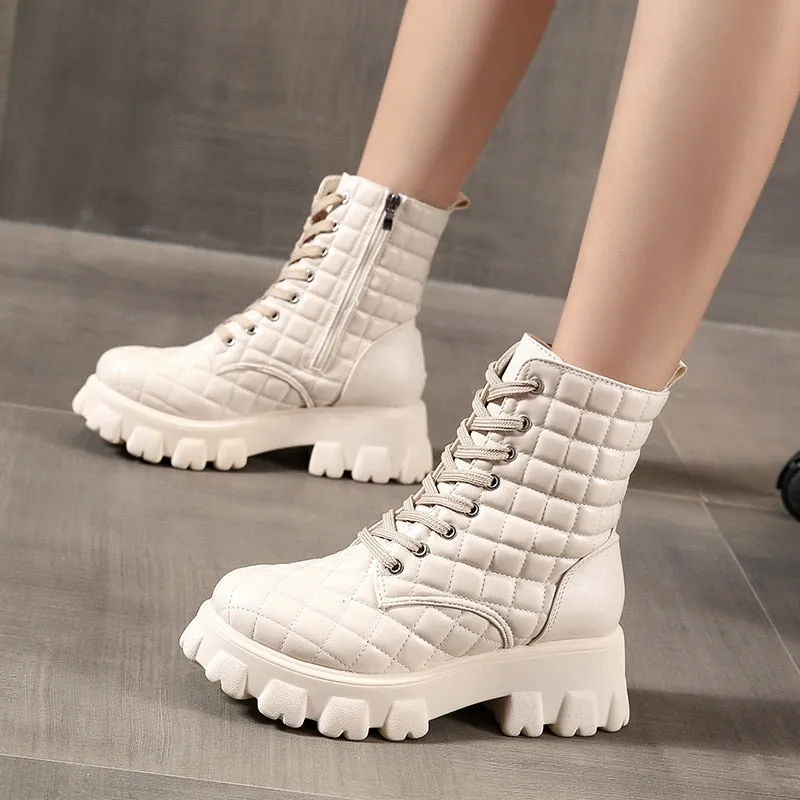 Luxury Design Women Cowhide Motorcycle Thick Mid-Calf Laces Boots Shoes