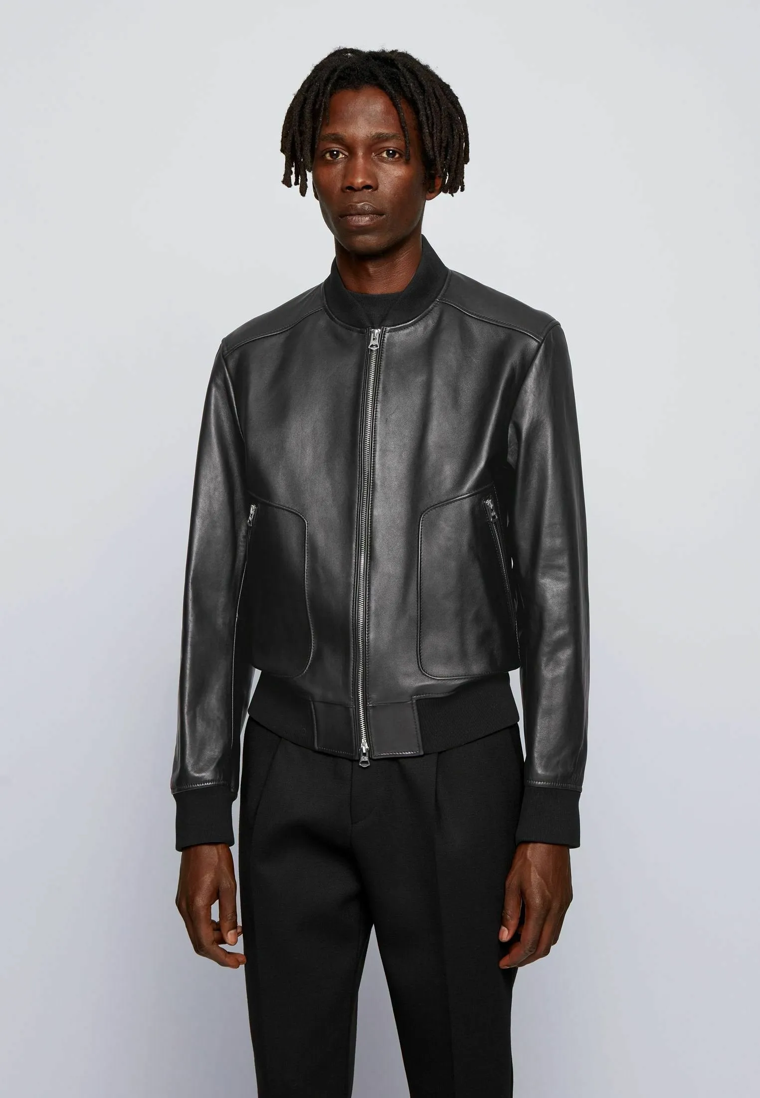 Men’s Black Leather Bomber Jacket