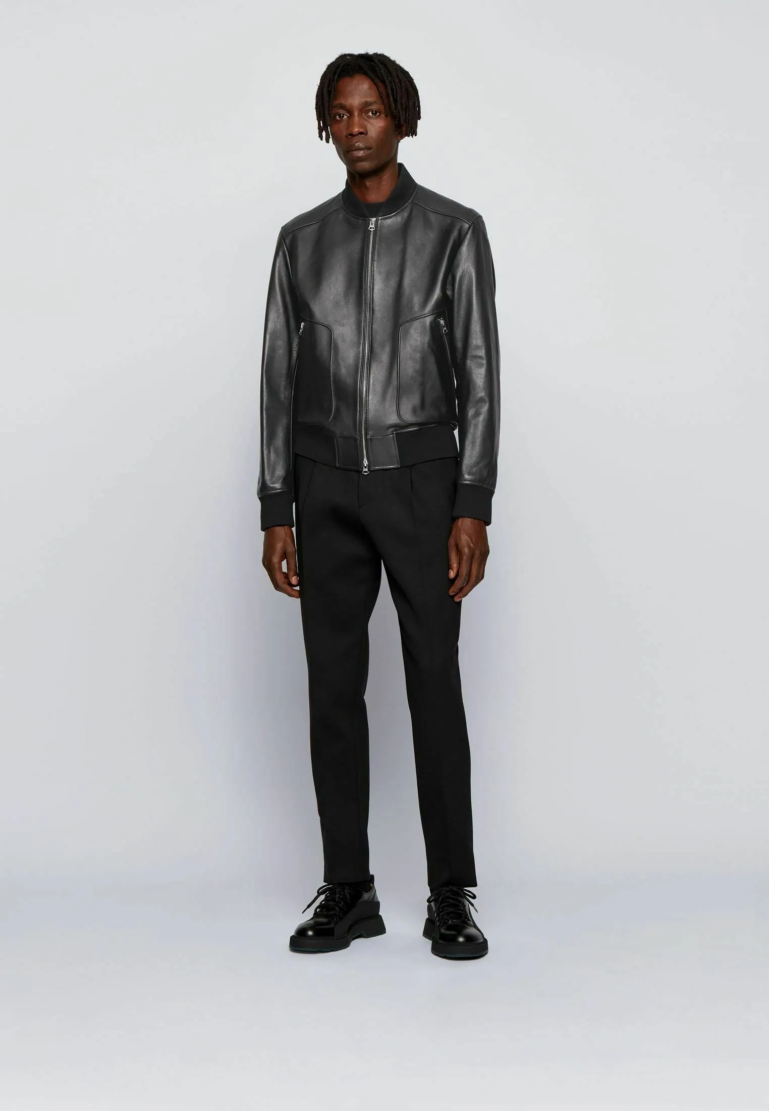 Men’s Black Leather Bomber Jacket