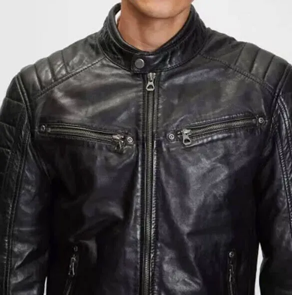 Men's black motorcycle style leather jacket 13197