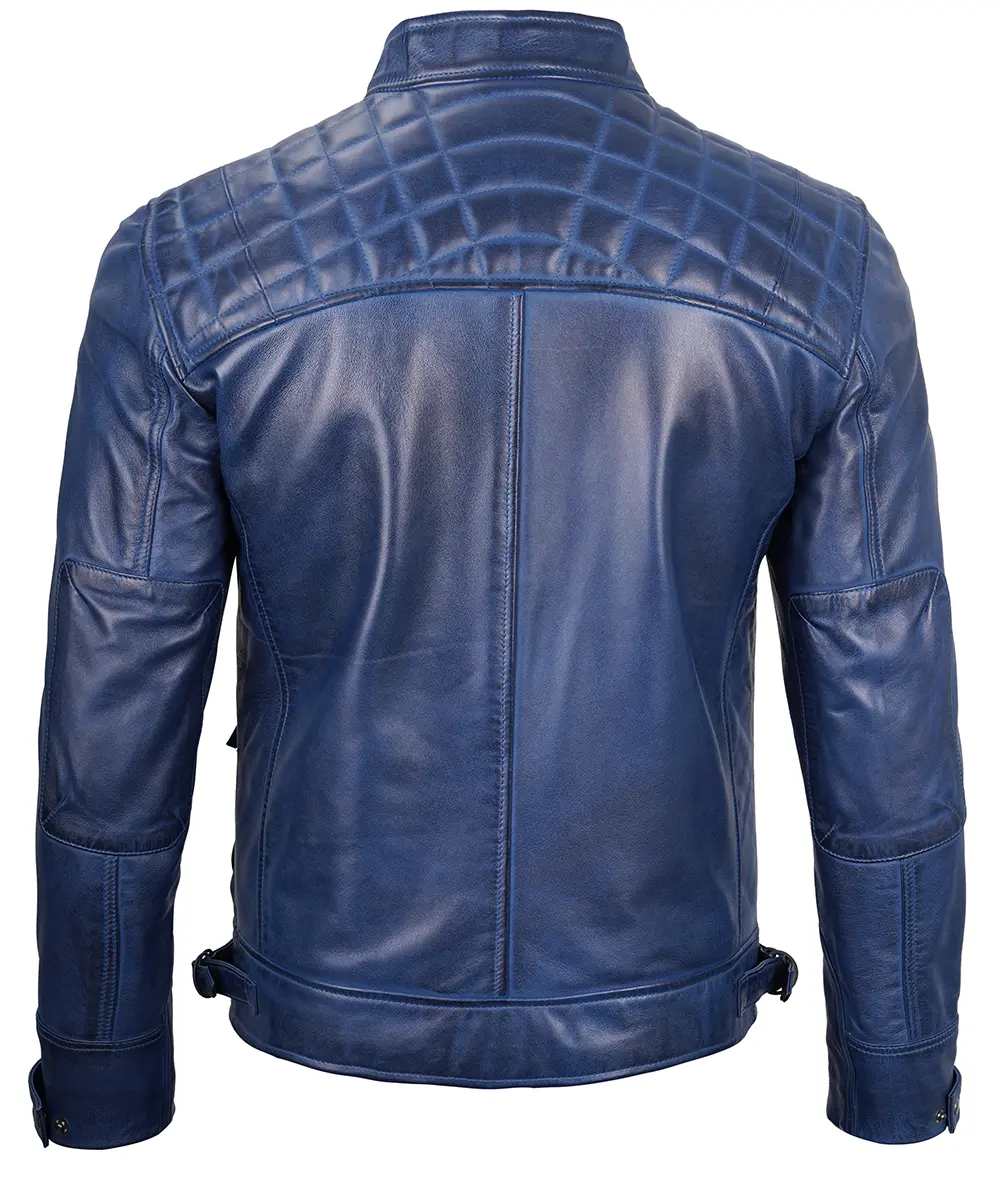 Mens Blue Quilted Shoulder Cafe Racer Leather Jacket