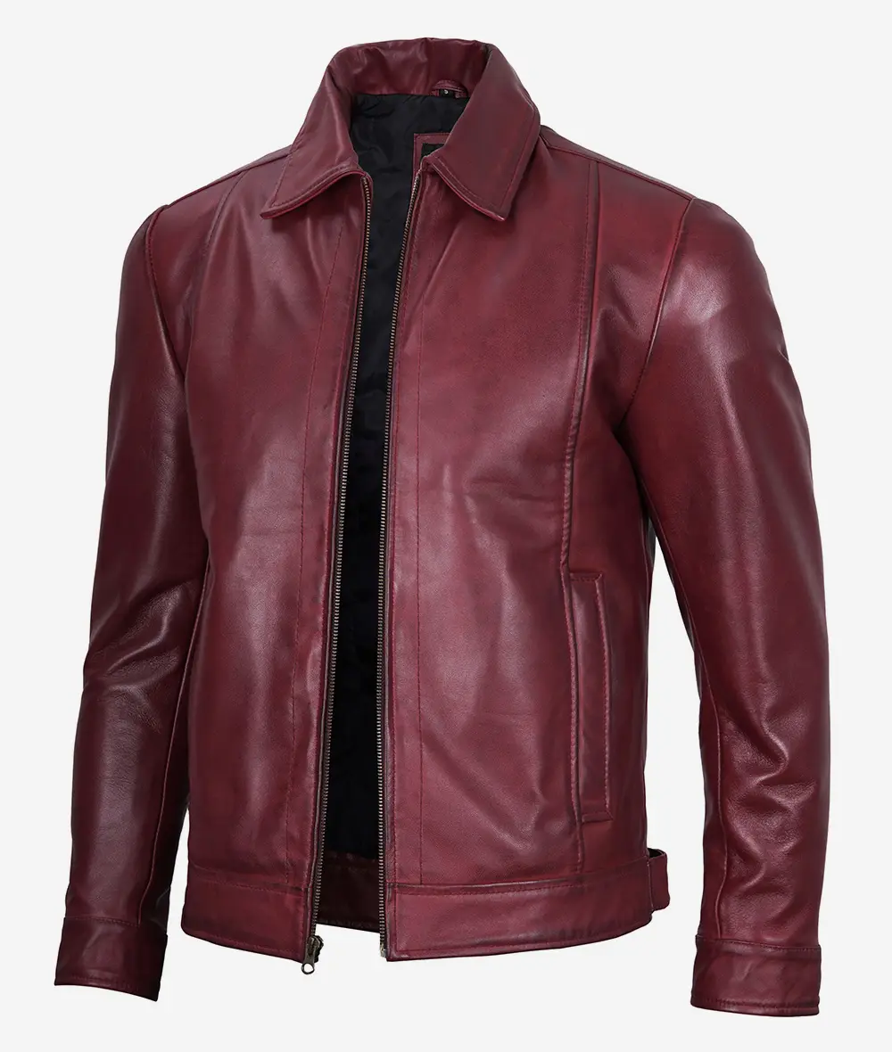 Mens Classic Shirt Collar Maroon Leather Jacket