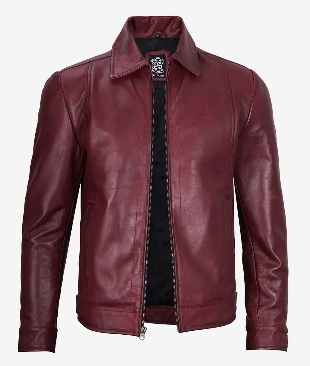 Mens Classic Shirt Collar Maroon Leather Jacket