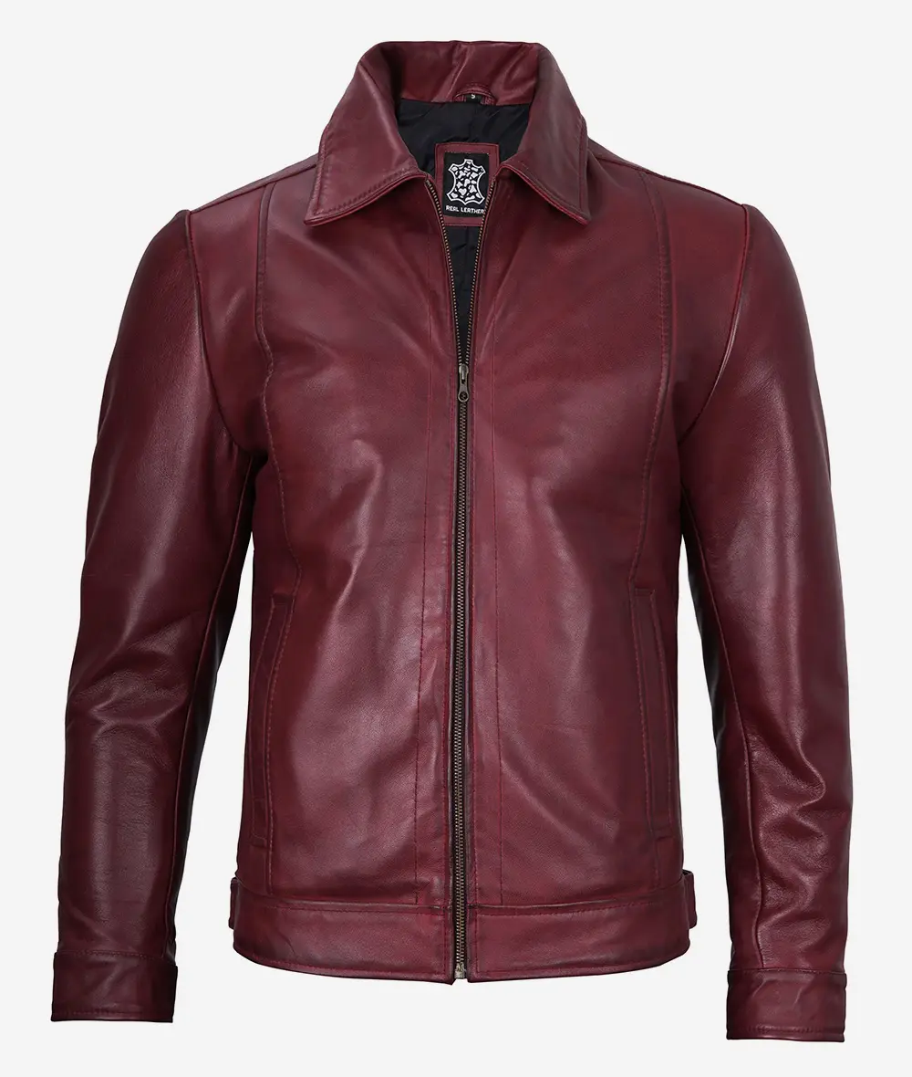 Mens Classic Shirt Collar Maroon Leather Jacket