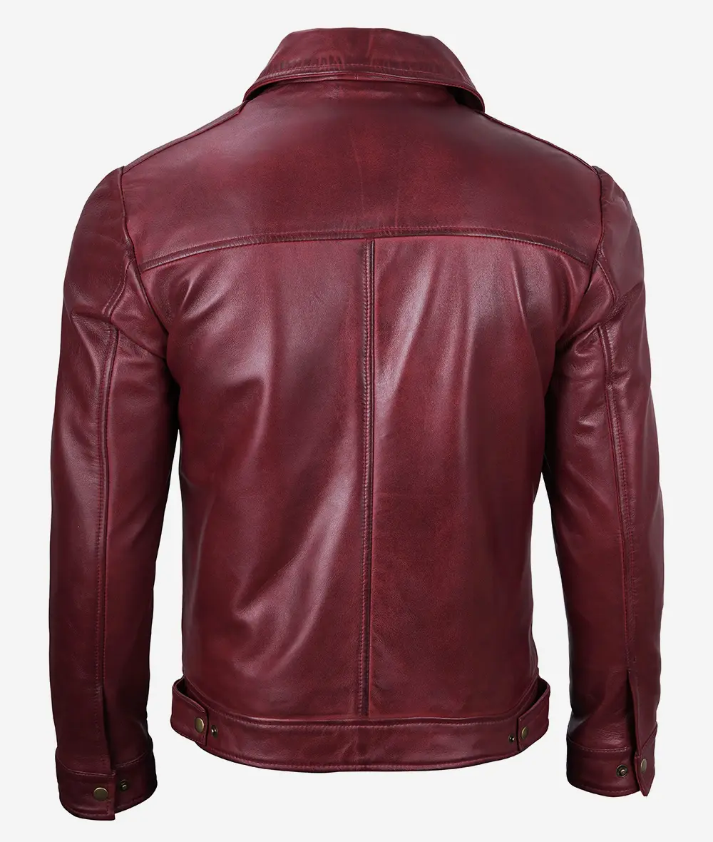 Mens Classic Shirt Collar Maroon Leather Jacket