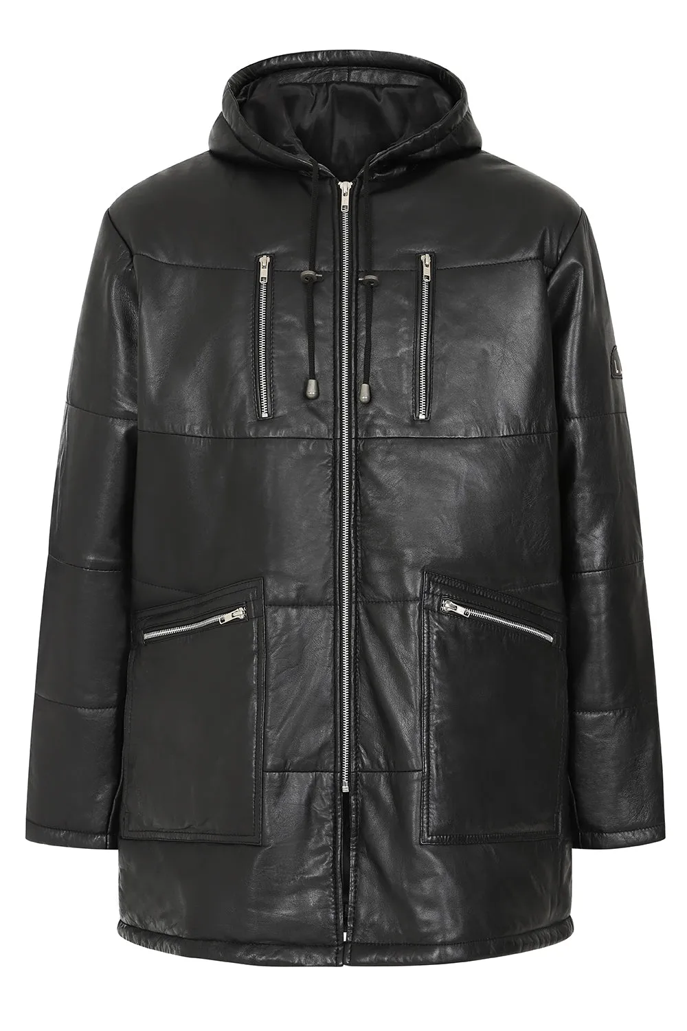 Men's Genuine Black Leather  Length Coat with Hood - 'MASSEY'