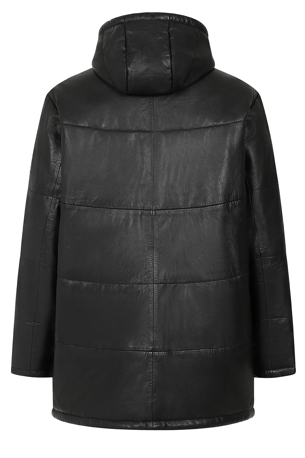 Men's Genuine Black Leather  Length Coat with Hood - 'MASSEY'