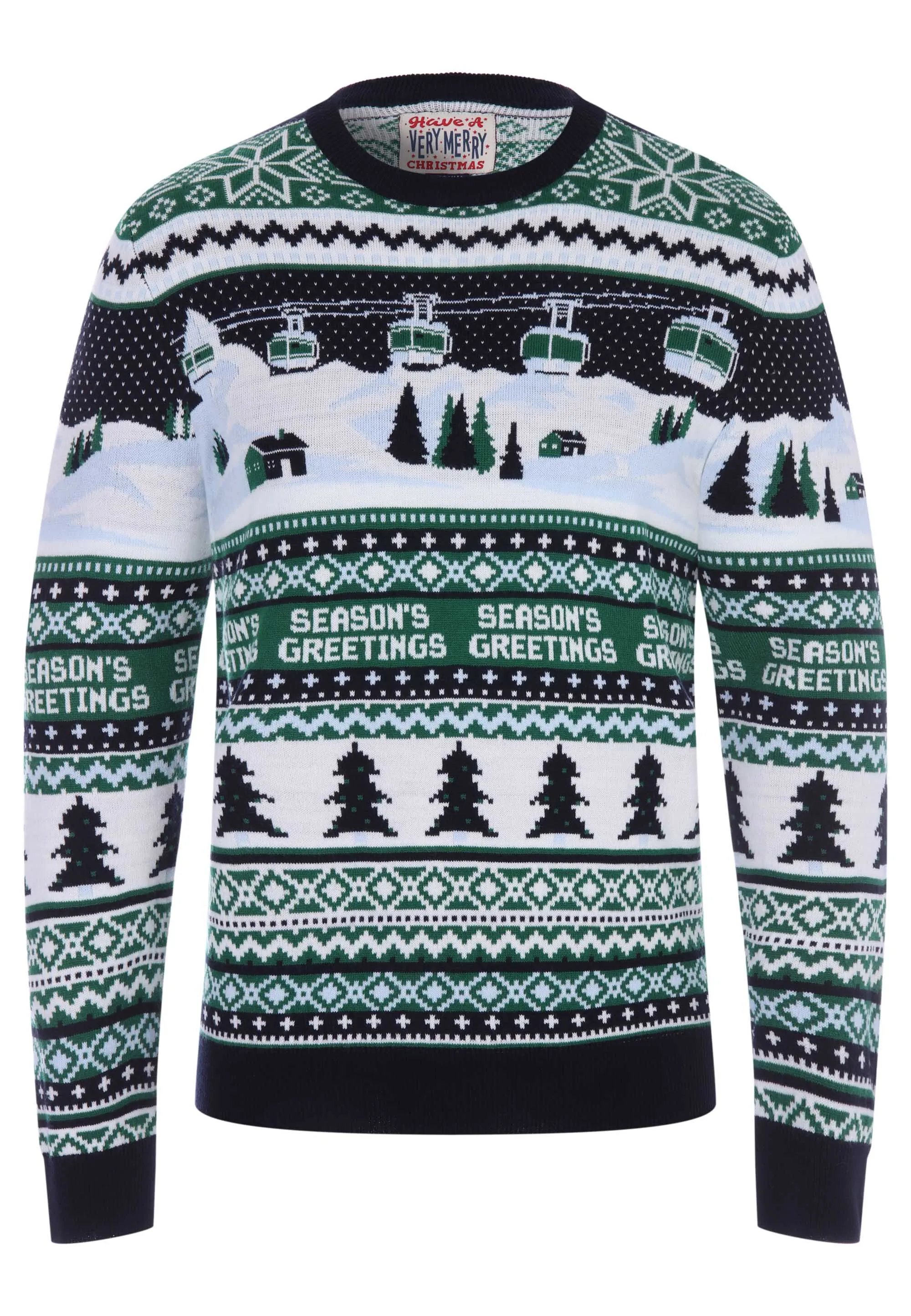 Mens Green Cable Car Christmas Knitted Jumper