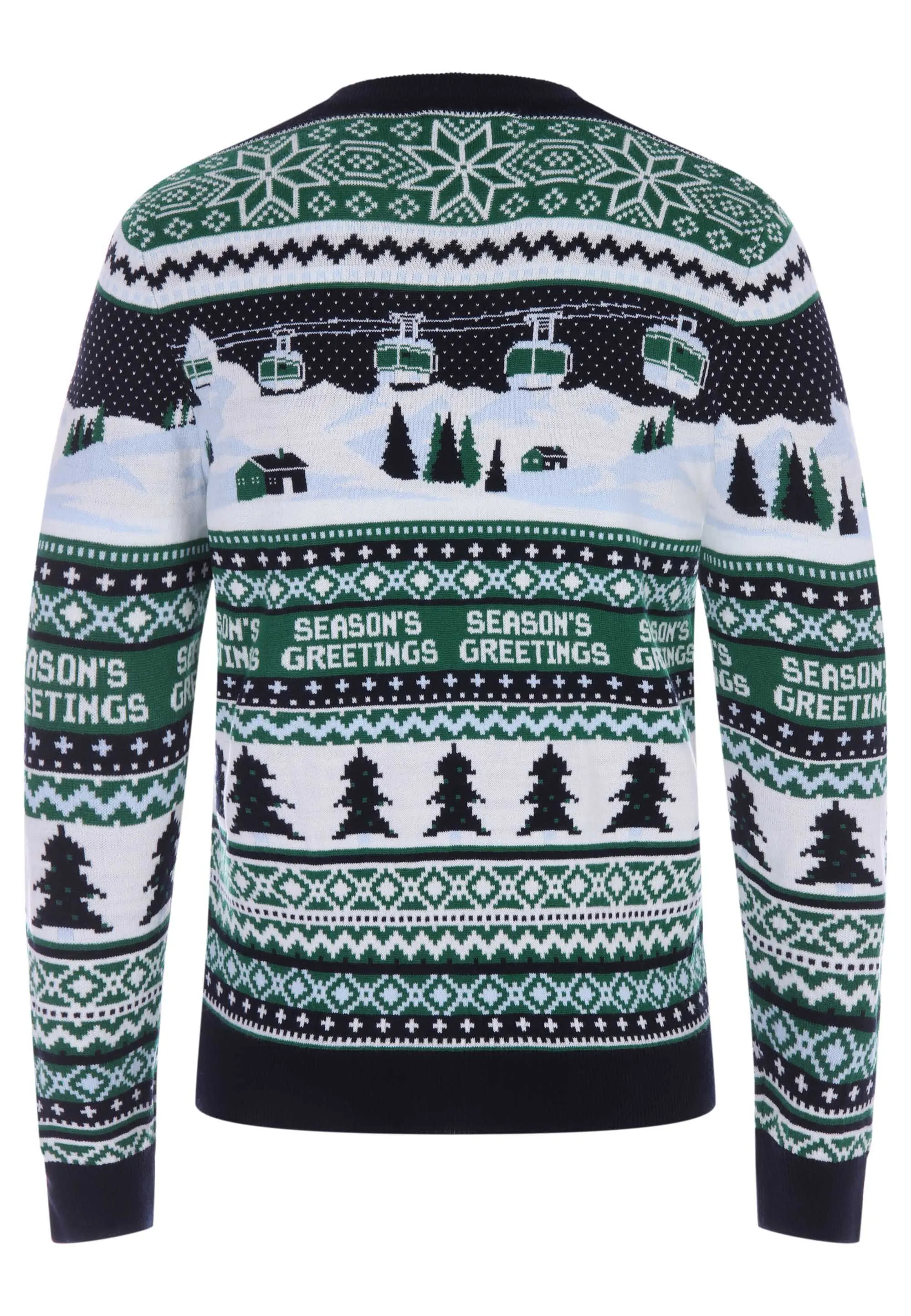 Mens Green Cable Car Christmas Knitted Jumper