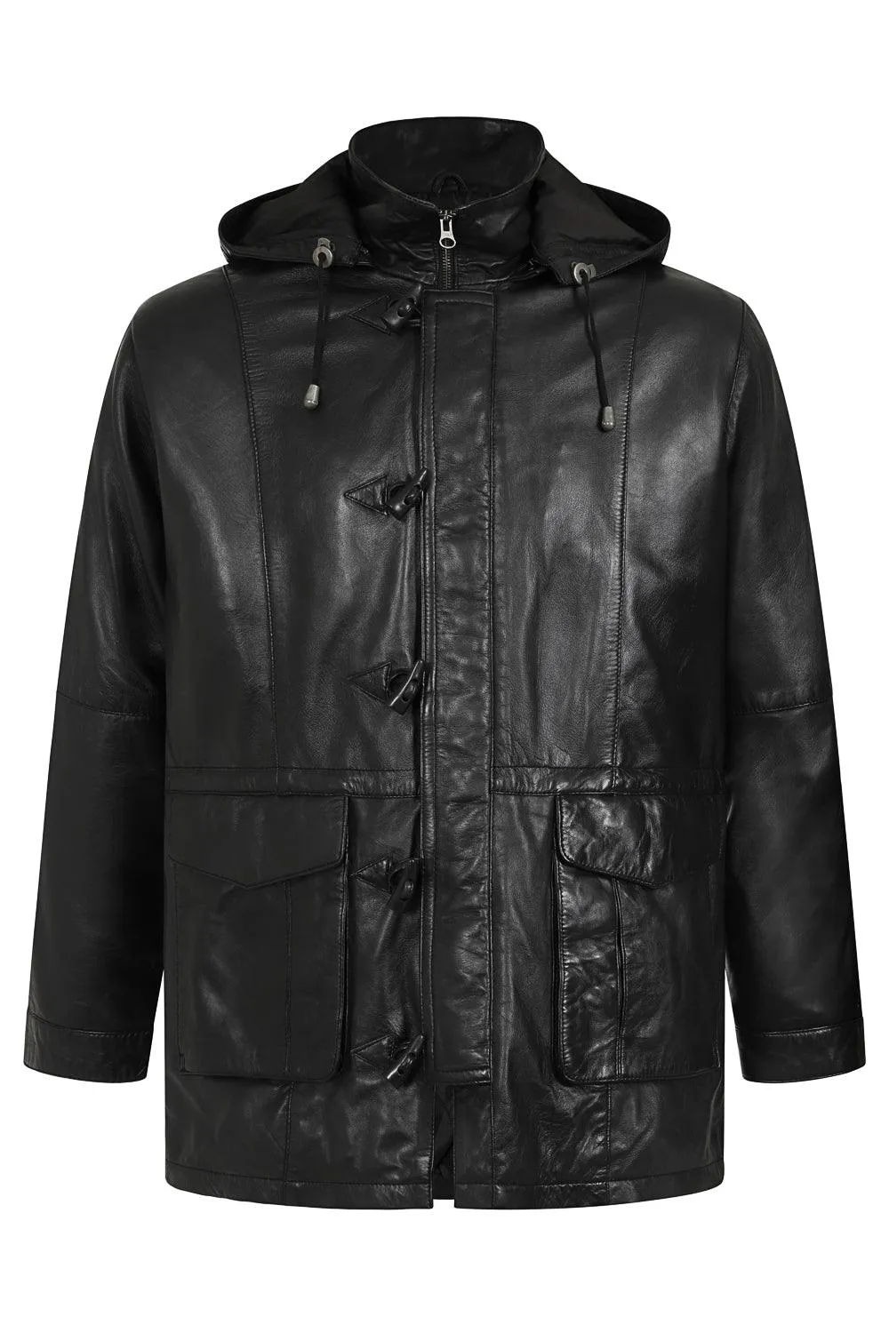 Men's Real Genuine Leather Classic Duffle Coat Jacket with Detachable Hood  - Olly G13